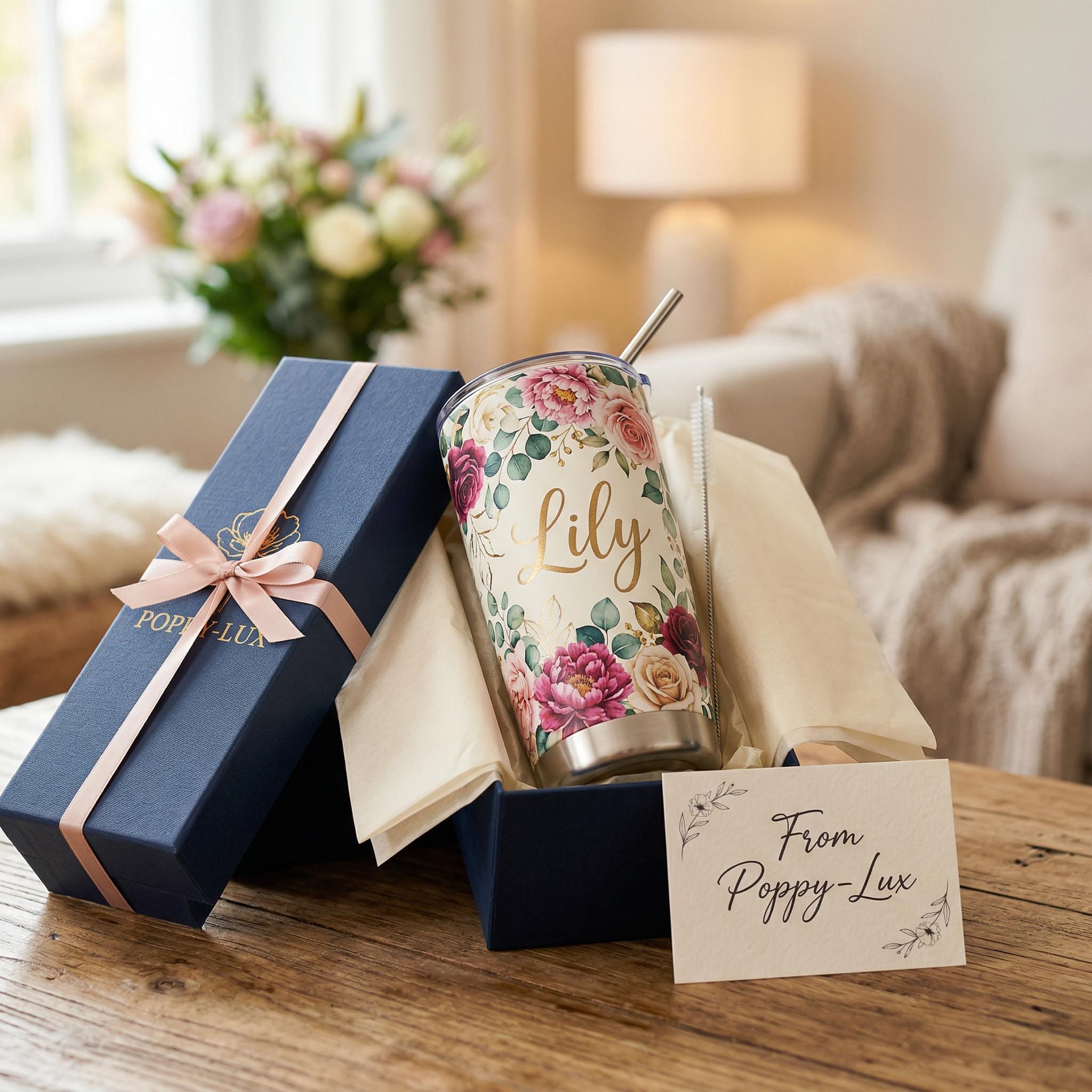 Custom Name Tumbler 20oz Stainless Steel Cup with Straw | Personalized Skinny Travel Mug Gift for Her