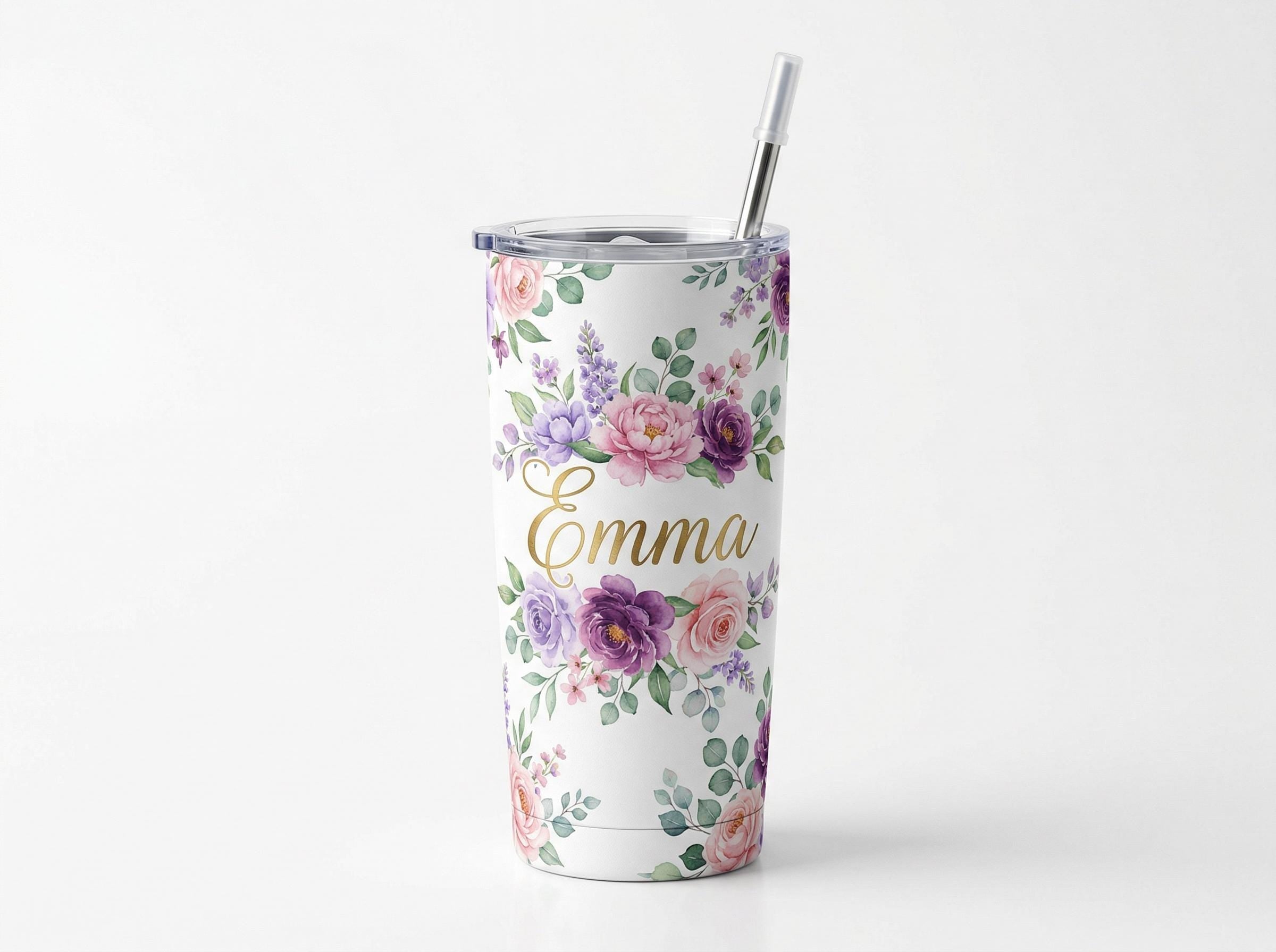Custom Name Tumbler 20oz Stainless Steel Cup with Straw | Personalized Skinny Travel Mug Gift for Her
